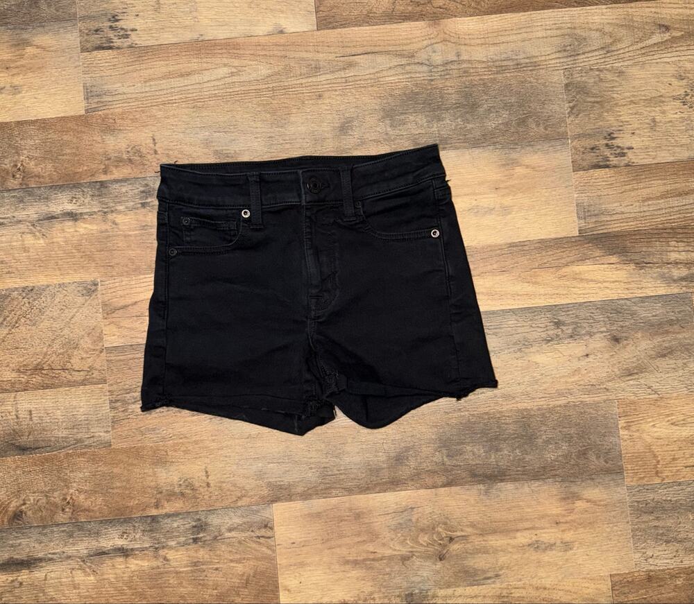 American Eagle women’s next level stretch hi rise black denim shortie shorts